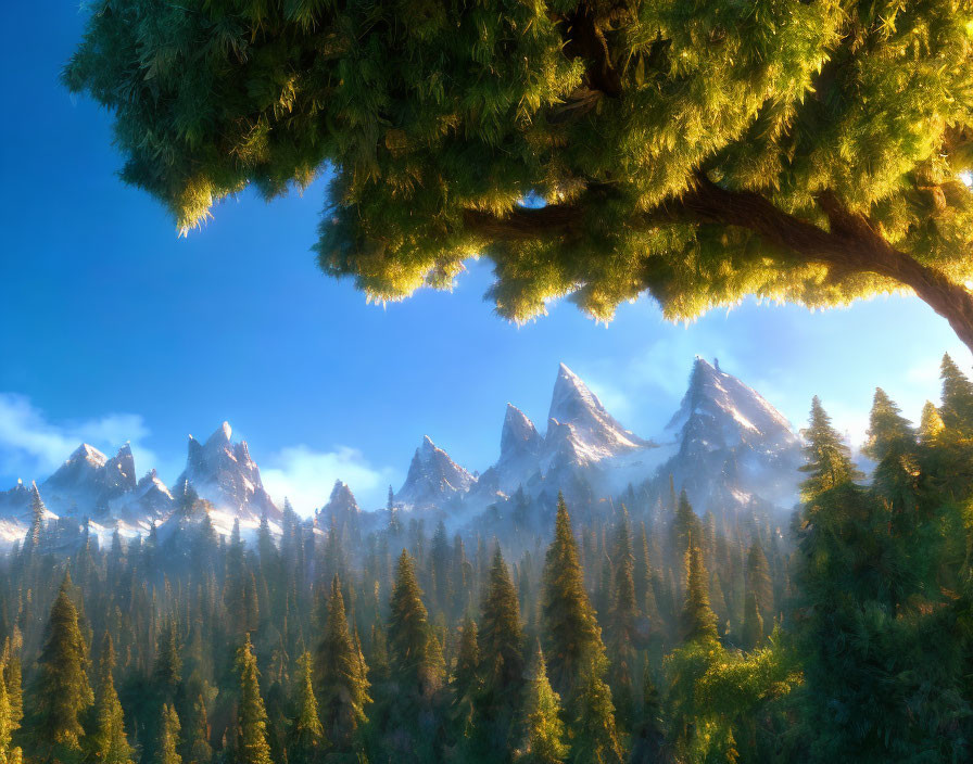 Evergreen branches in front of snow-capped mountain peaks
