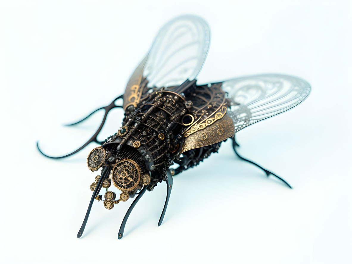 Steampunk-style insect sculpture with metallic gears and intricate details