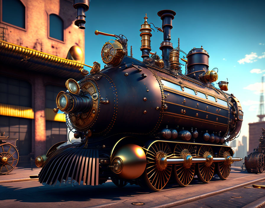 Steampunk-inspired locomotive digital artwork with brass details and industrial backdrop