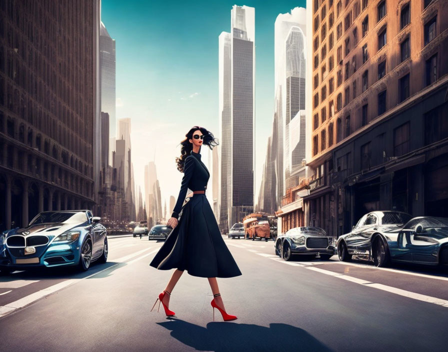 Stylish woman in black outfit and red heels on urban street with luxury cars and skyscrapers