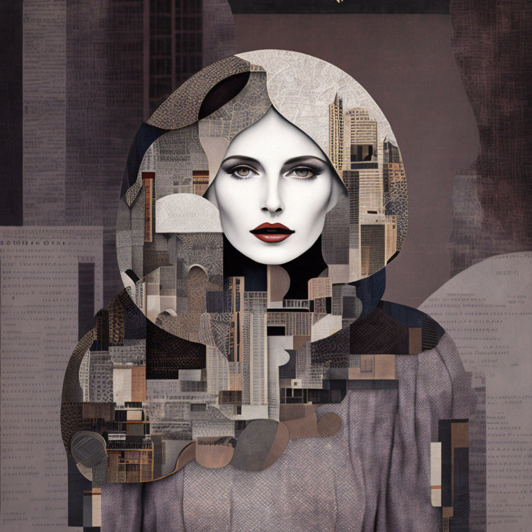 Monochromatic digital collage of woman's face with architectural elements