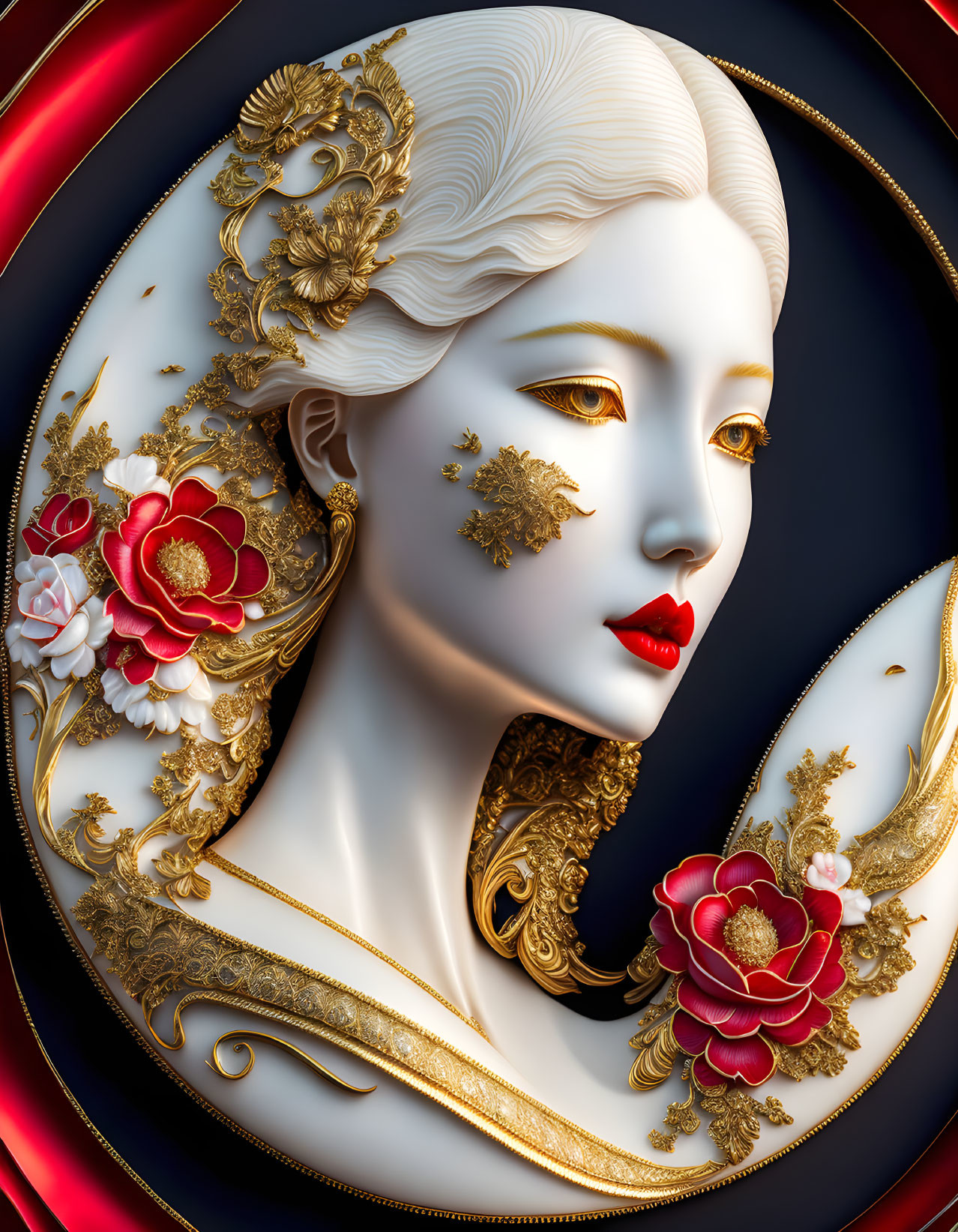Elegant 3D illustration of porcelain-skinned female with gold floral accents