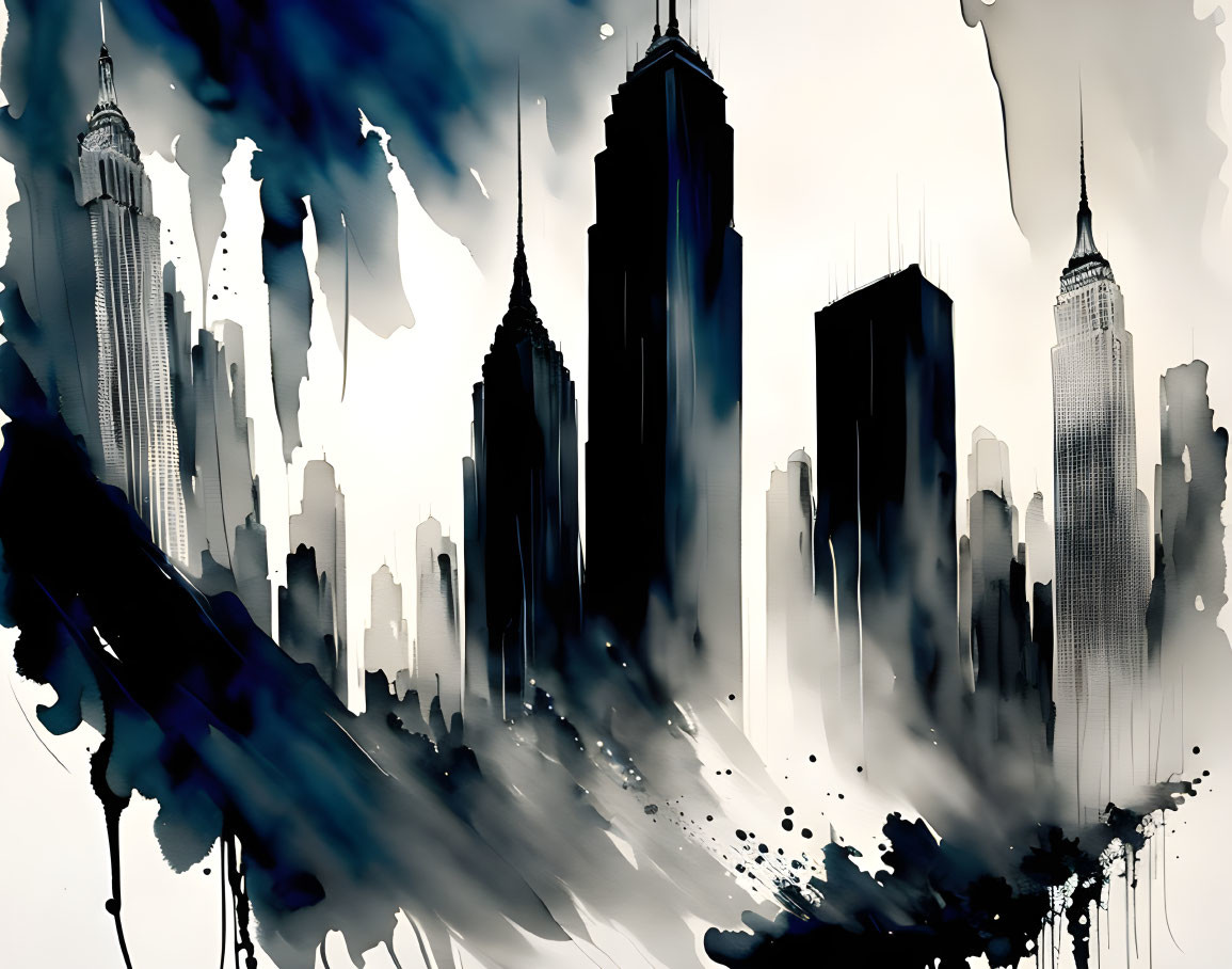 Abstract Monochrome Cityscape Artwork with Smudged Ink Effects