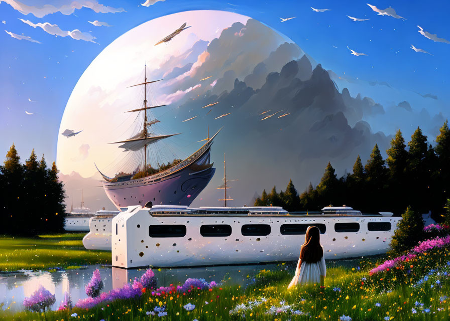 Futuristic train, flying ship, girl in surreal scene