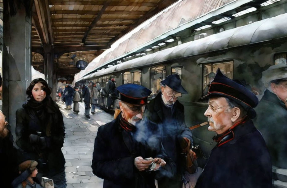 Busy Train Station Scene with Uniformed Men Talking and Travelers Waiting