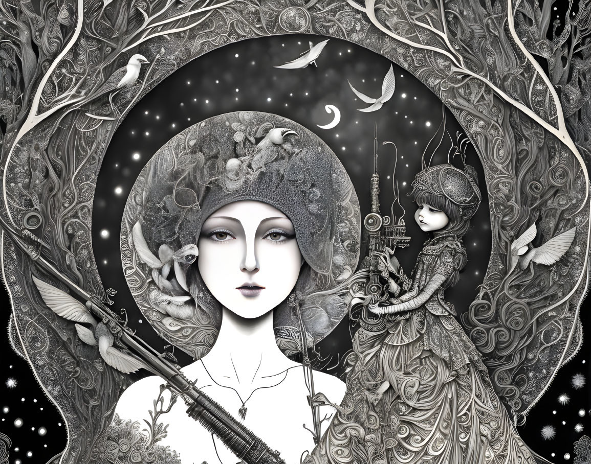 Monochromatic fantasy illustration with cosmic and floral motifs