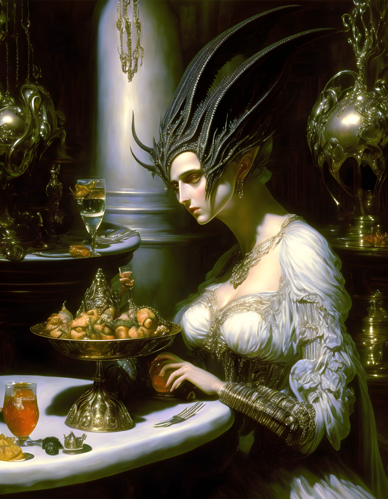 Regal woman with intricate headdress at lavish table