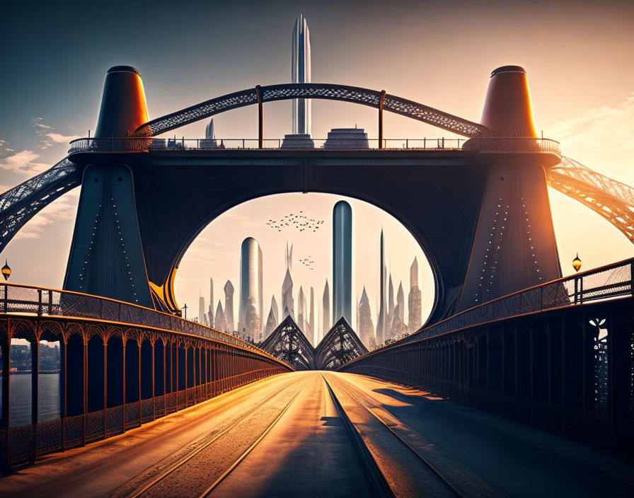 Futuristic bridge with ornate railings and sleek spires at sunrise
