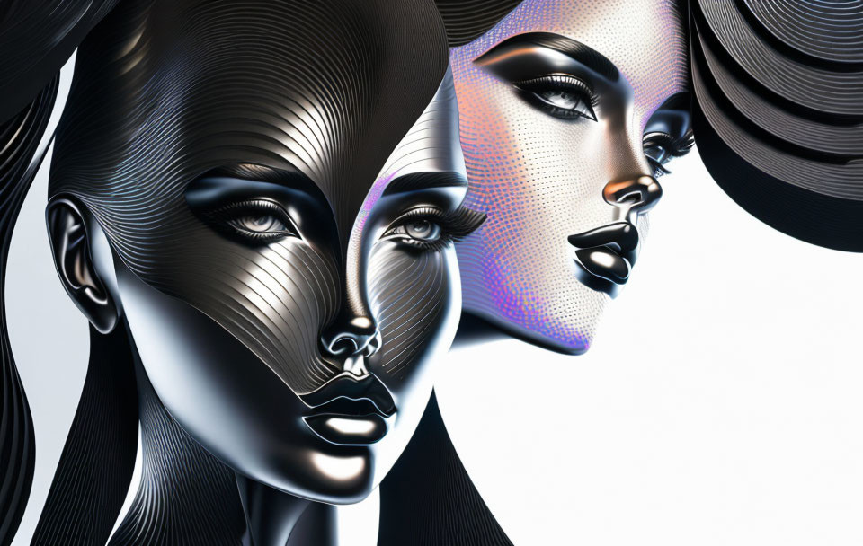 Stylized artistic faces in profile with metallic sheen and intricate textures