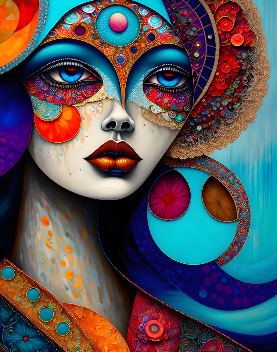 Vibrant digital artwork: woman's face with intricate patterns and vivid blues, oranges, evoking