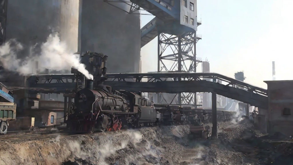 Vintage steam locomotive chugging near industrial tracks and concrete structures