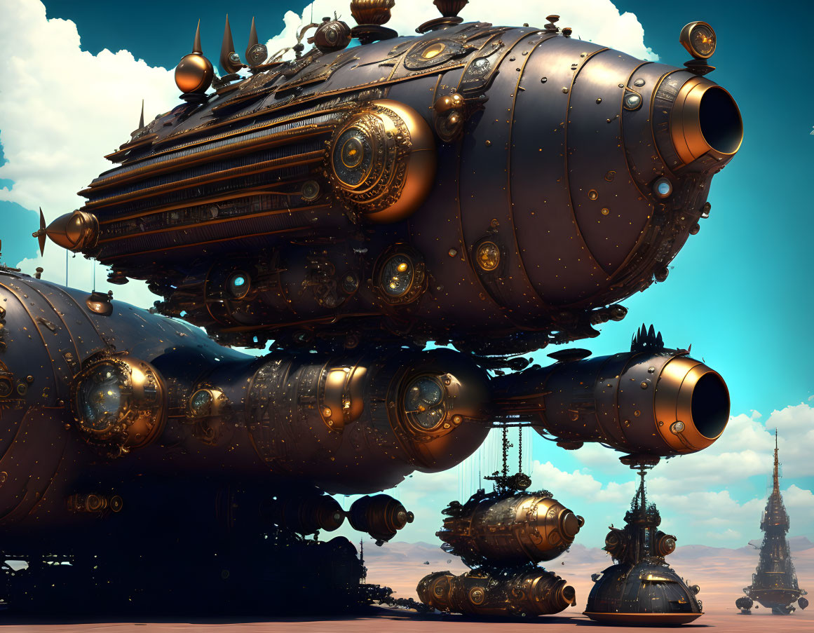 Detailed Steampunk-style Airship Over Desert Landscape