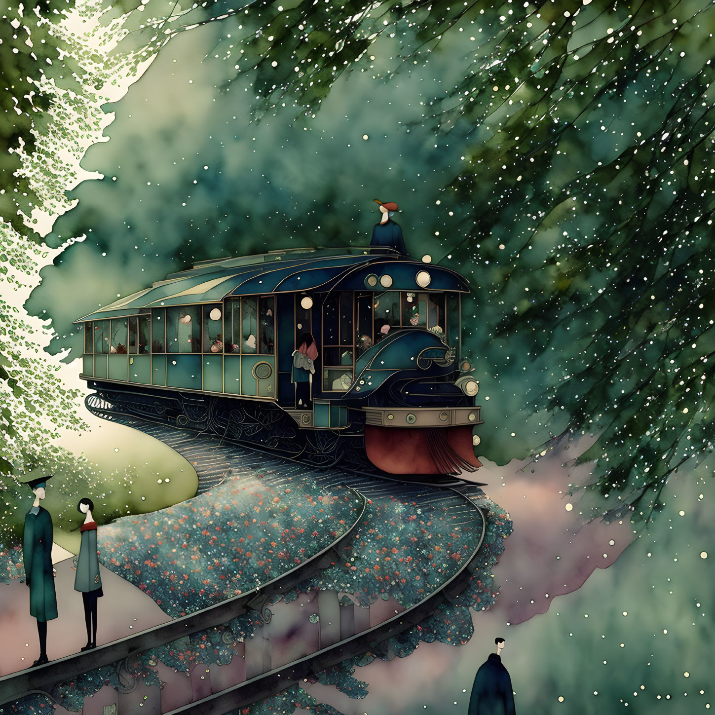 Vintage train scene with passengers in period attire in snowy green landscape