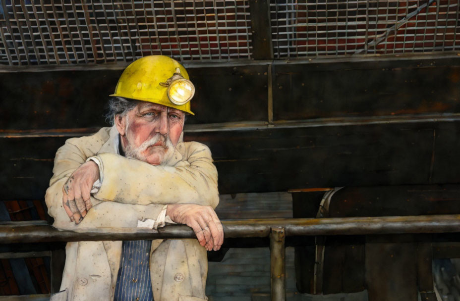 Tired person with grizzled beard in dirty helmet in industrial background
