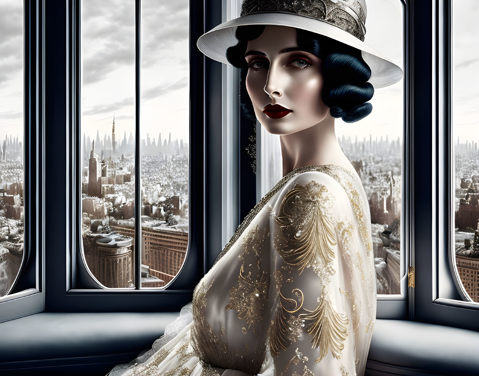 Vintage Attired Woman in Wide-Brim Hat Gazing at Cityscape