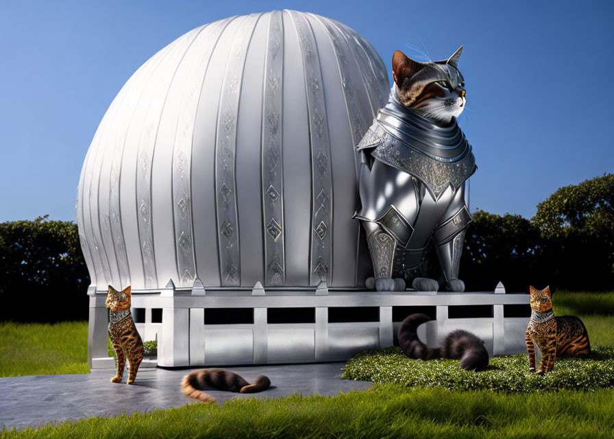 Digital artwork of cats in armor around futuristic dome in grassy setting