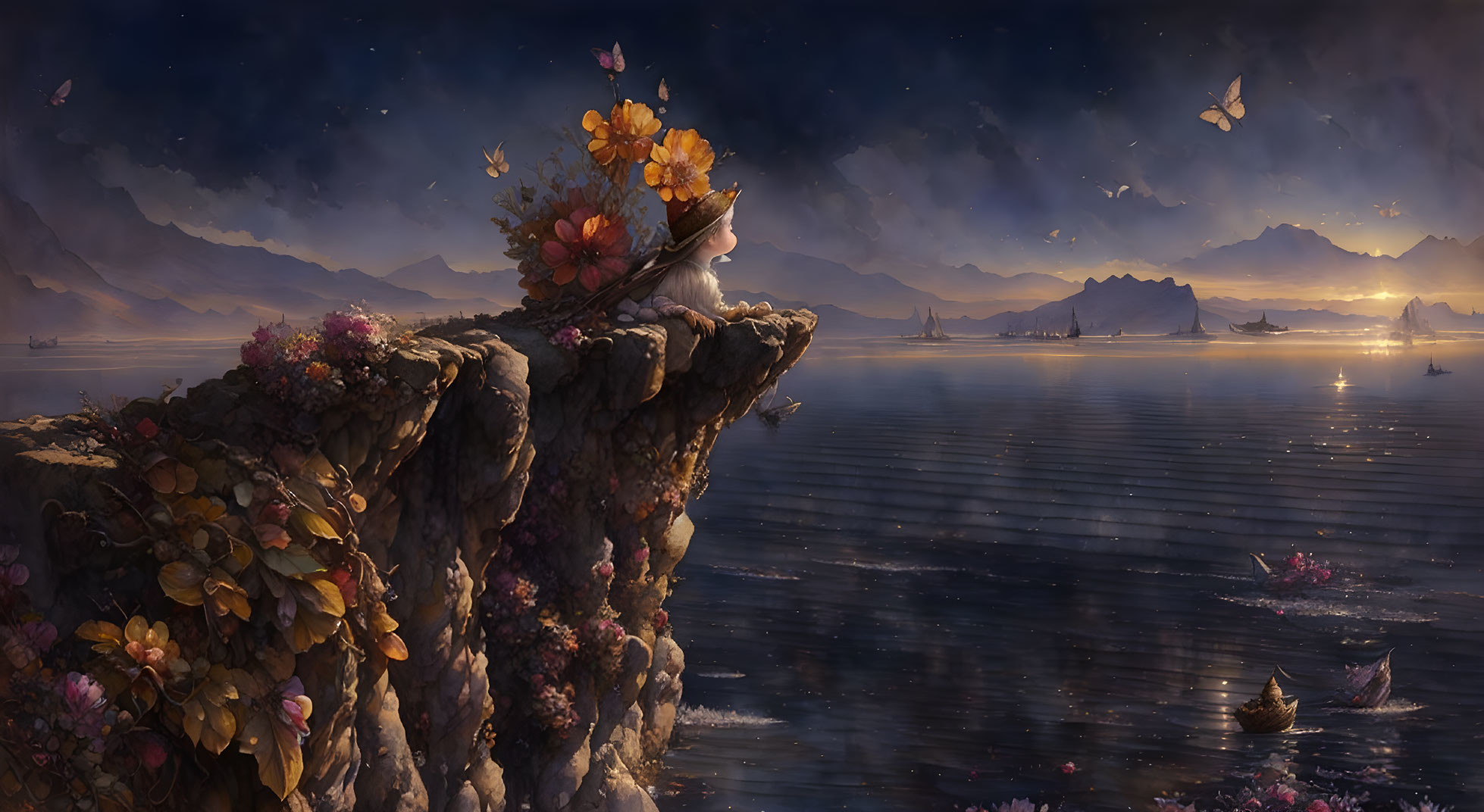 Serene fantasy landscape: cloaked figure on cliff at dusk
