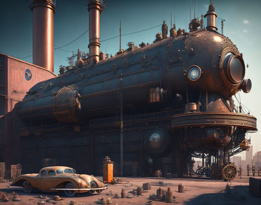 Steampunk-style spherical building with classic car in industrial setting
