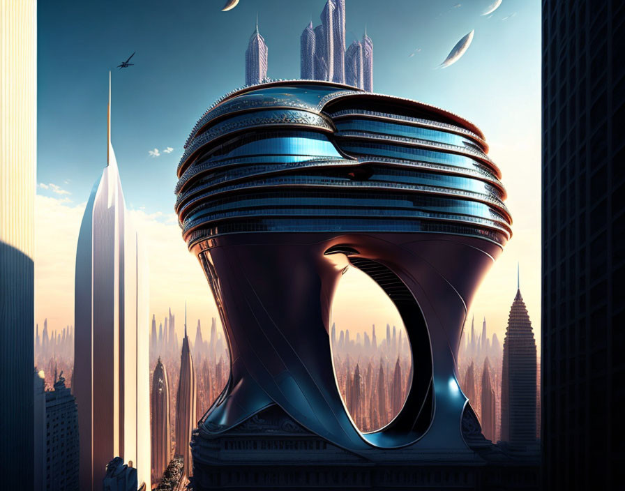 Unique Loop Structure in Futuristic City Skyline with Flying Vehicles