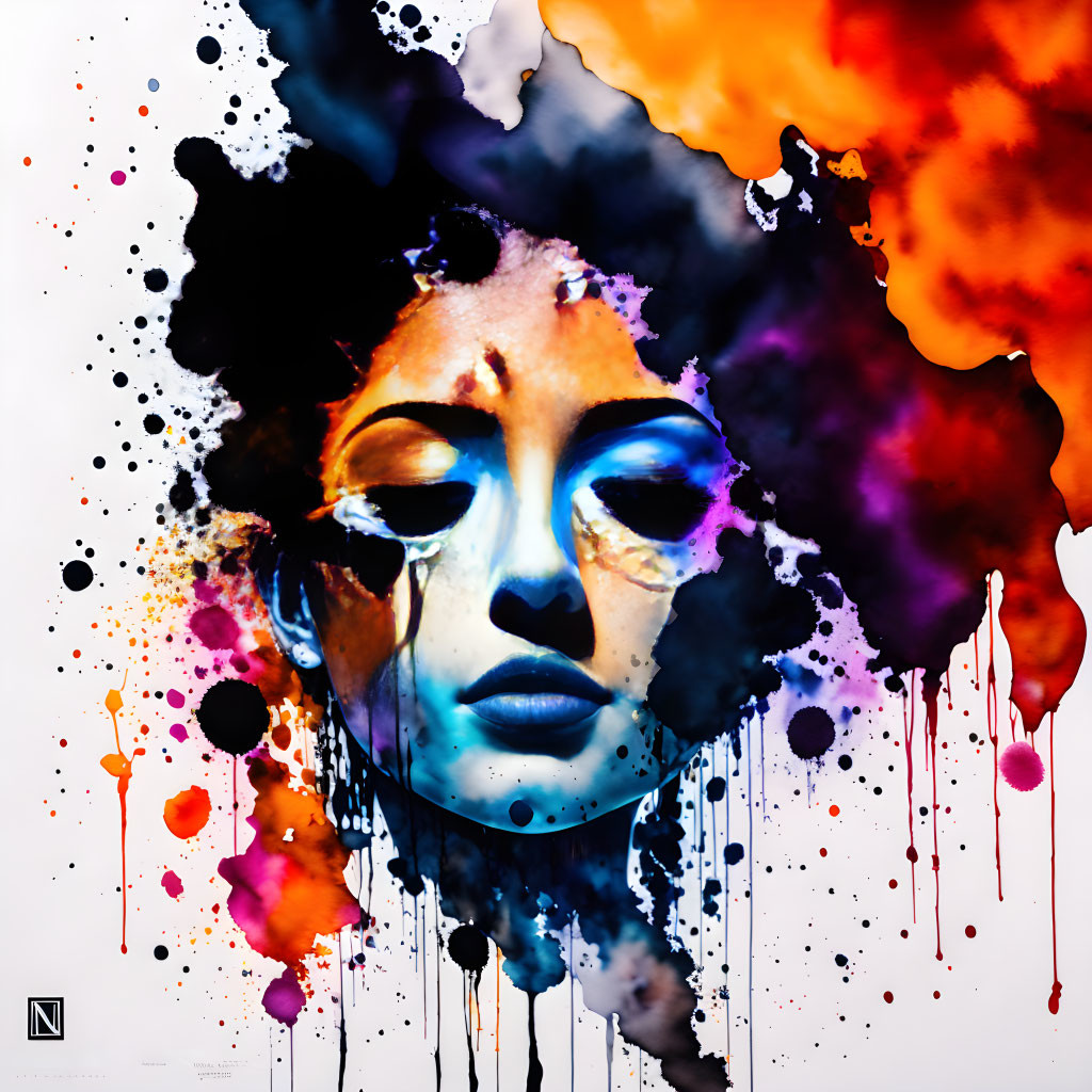 Colorful portrait of a serene woman surrounded by dynamic ink splashes
