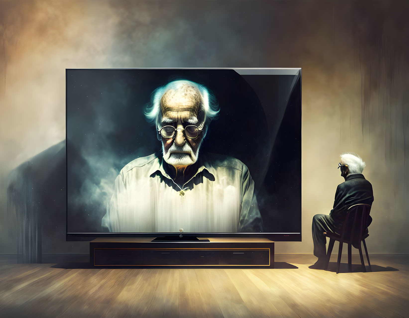 Elderly man watching himself on TV screen