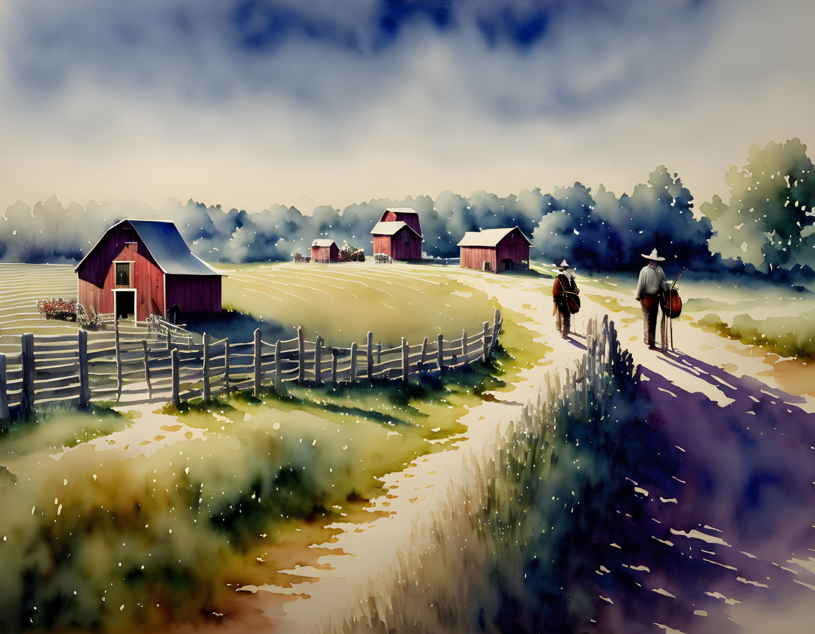 Rural watercolor painting of person on horse near red barns