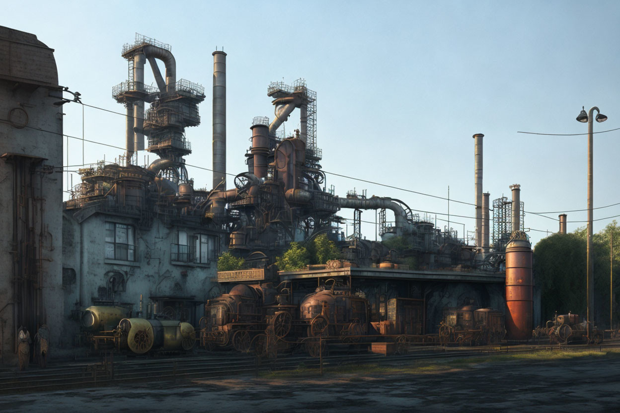 Rusted industrial facility with towers, pipes, and machinery in soft sunlight