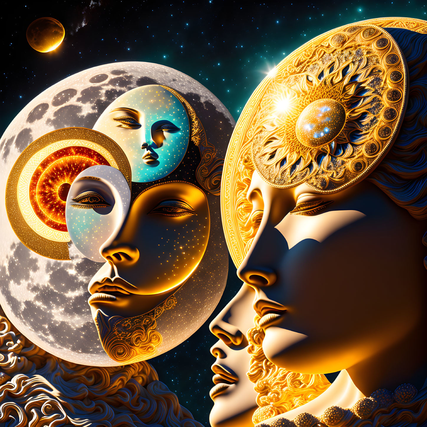 Surreal digital artwork: golden faces with celestial motifs in cosmic setting