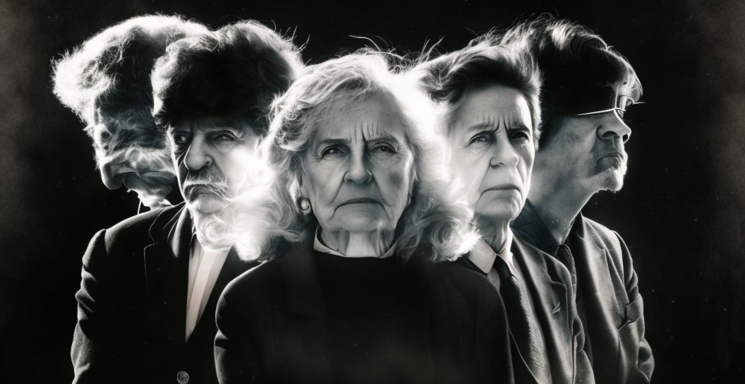 Intense black and white photo of five older adults with dramatic backlighting