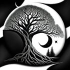 Monochrome whimsical tree with crescent moon, lanterns, and mysterious creatures