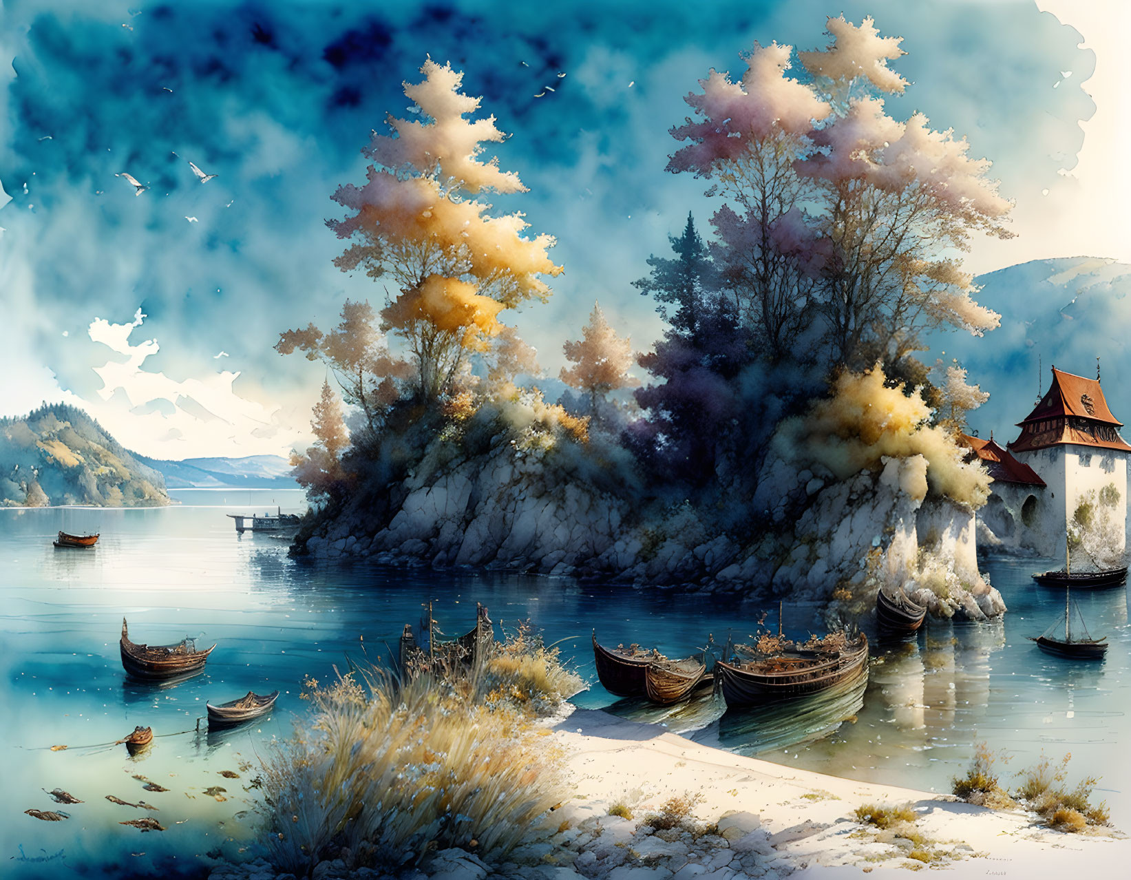 Tranquil lakeside scene with fantasy trees, boats, and traditional house