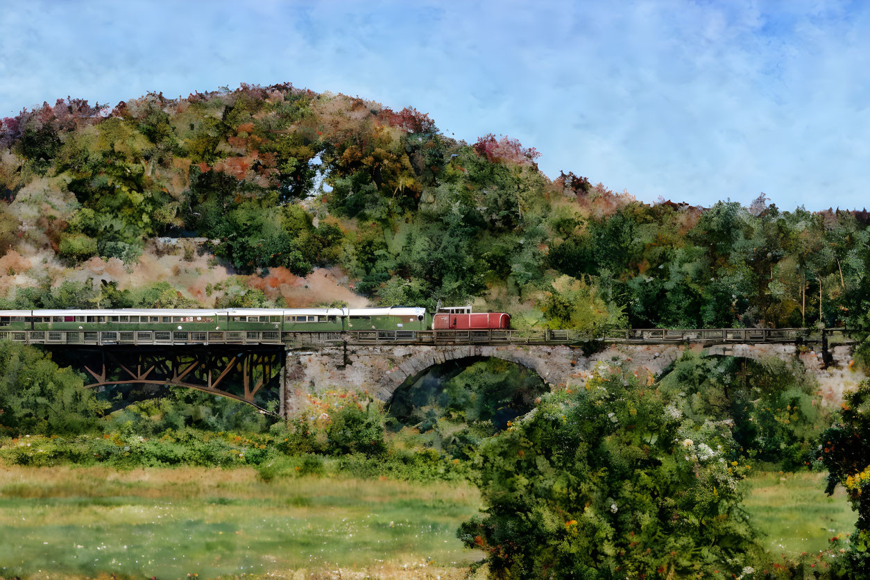 Train crossing stone bridge in autumn forest under blue sky
