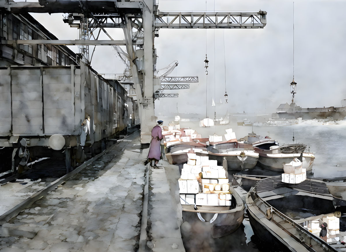 Woman in cloak walking near snowy dock with cargo boats and industrial cranes in foggy setting