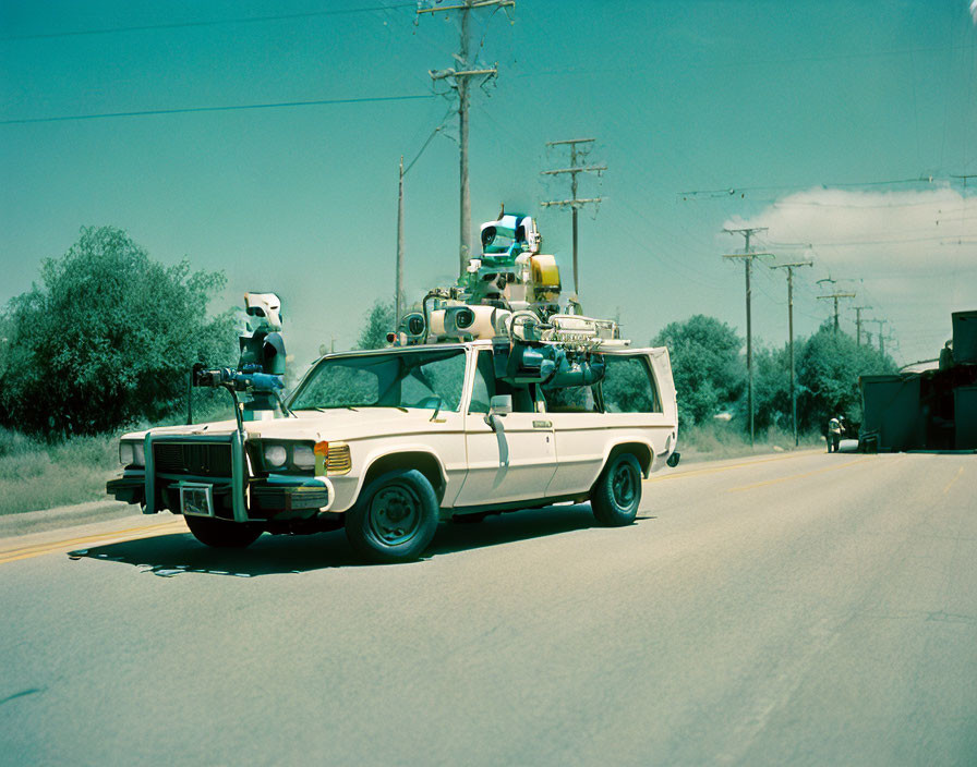 Vintage white station wagon with electronic gadgets driving on sunny road