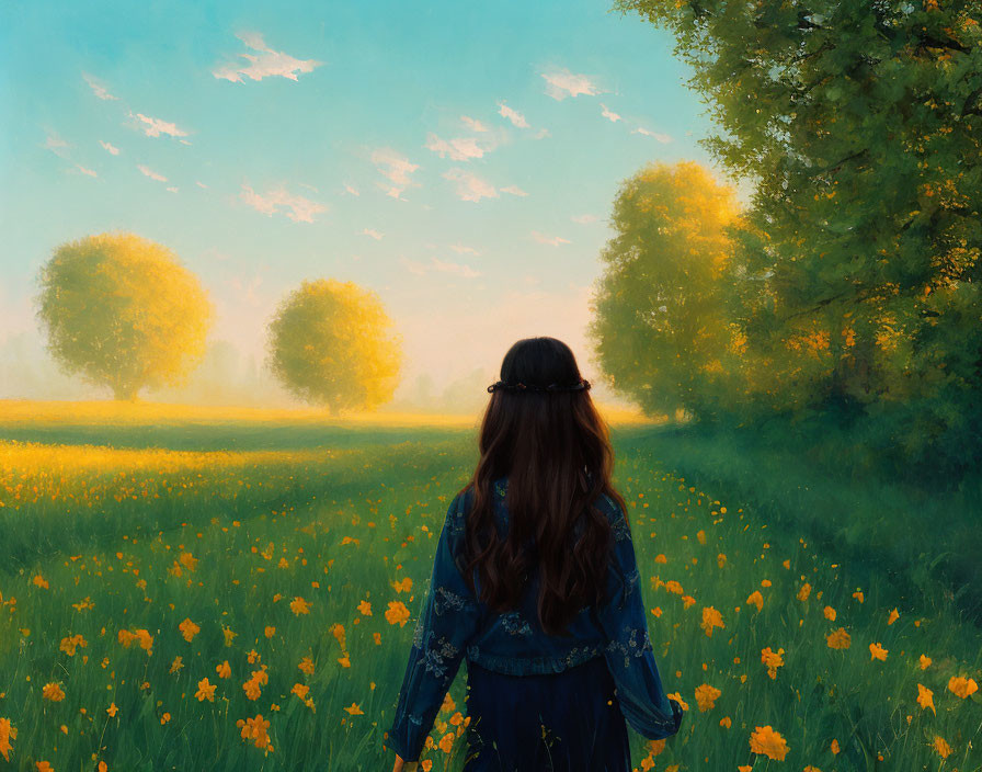 Woman with long hair in field of yellow flowers gazing at sunlit trees