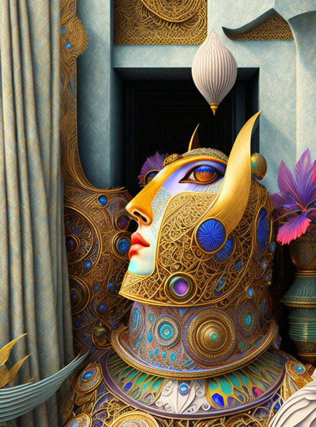 Colorful surreal artwork of female figure in ornate armor against blue backdrop