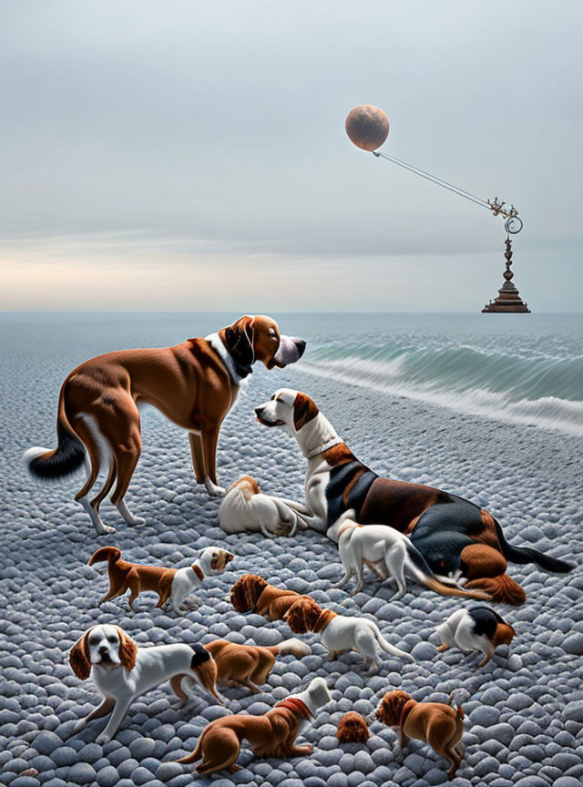 Surreal illustration: dogs on beach with floating pendulum ball