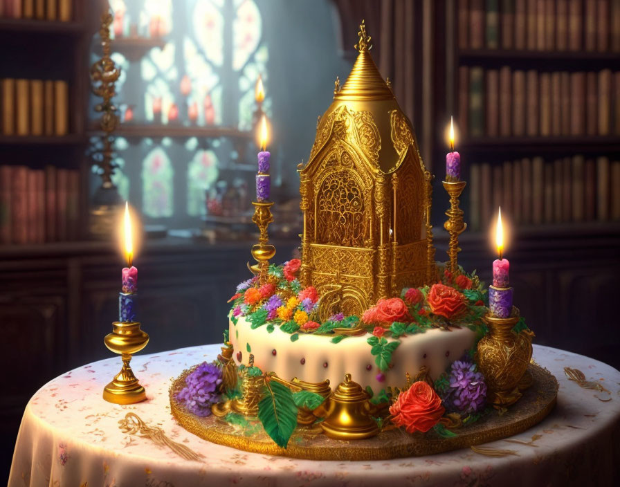 Colorful Flower and Gold Accented Cake with Candles, Books, and Stained Glass Background