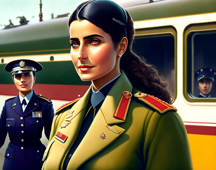 Three uniformed women with a military officer and a train in the background.