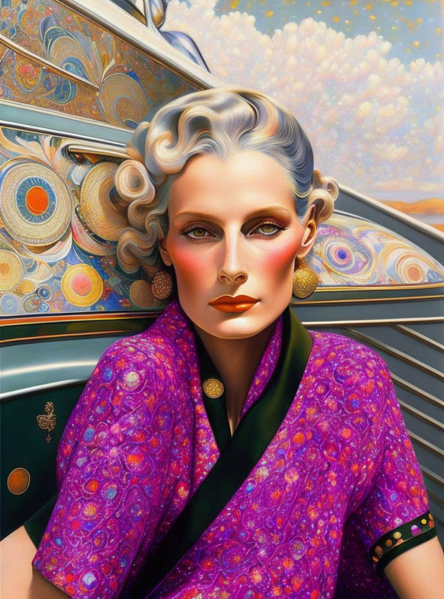 Vintage-style portrait of a woman in colorful attire against art deco backdrop