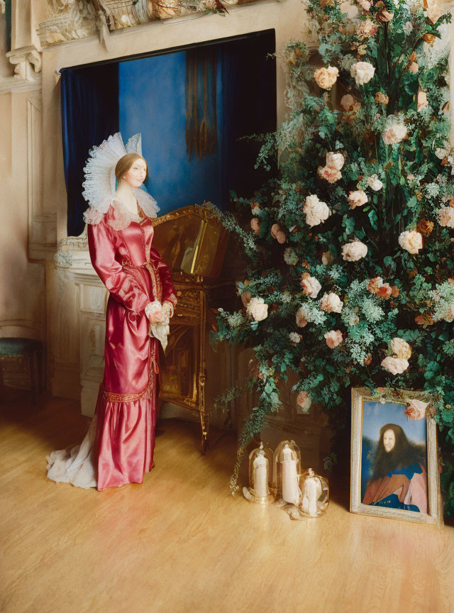 Woman in vintage pink dress by Christmas tree with blue hat and golden candles.