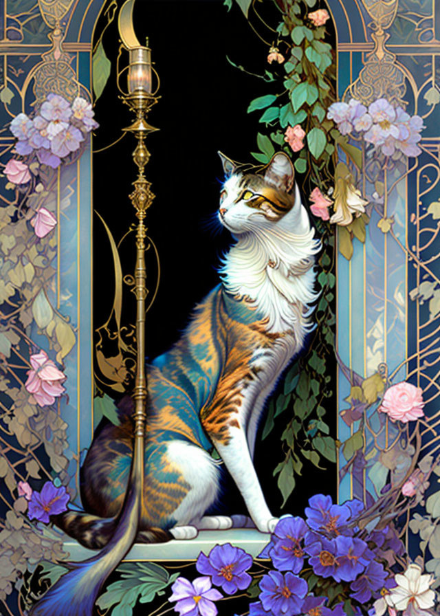 Majestic cat with patterned fur beside roses and ivy in Art Nouveau setting
