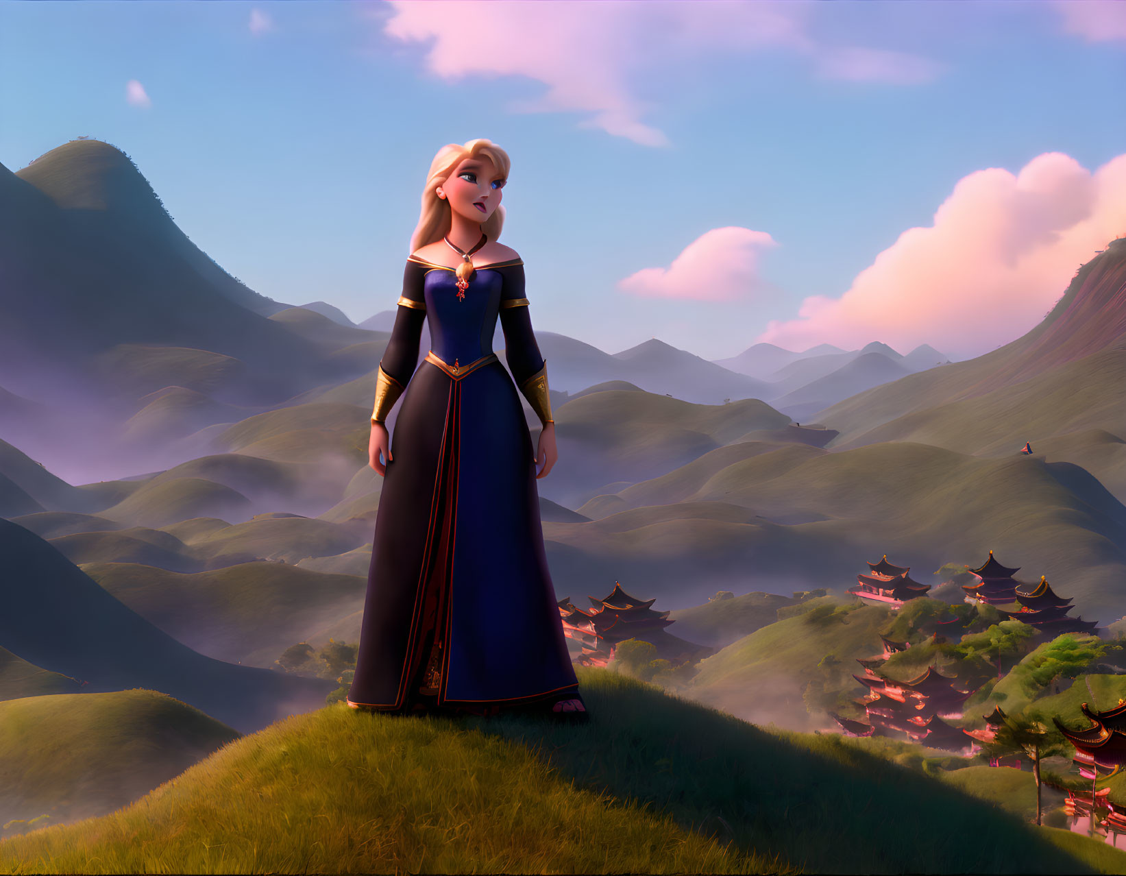 Regal woman in animated dress on grassy hill with Asian pagodas and mountains in warm sky