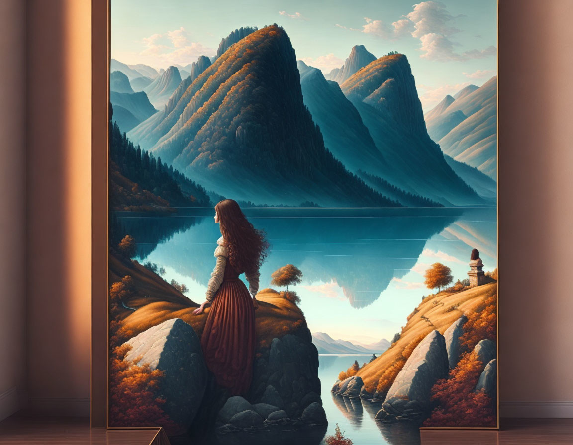 Woman in Red Dress Contemplating Mountain Reflections by Calm Lake