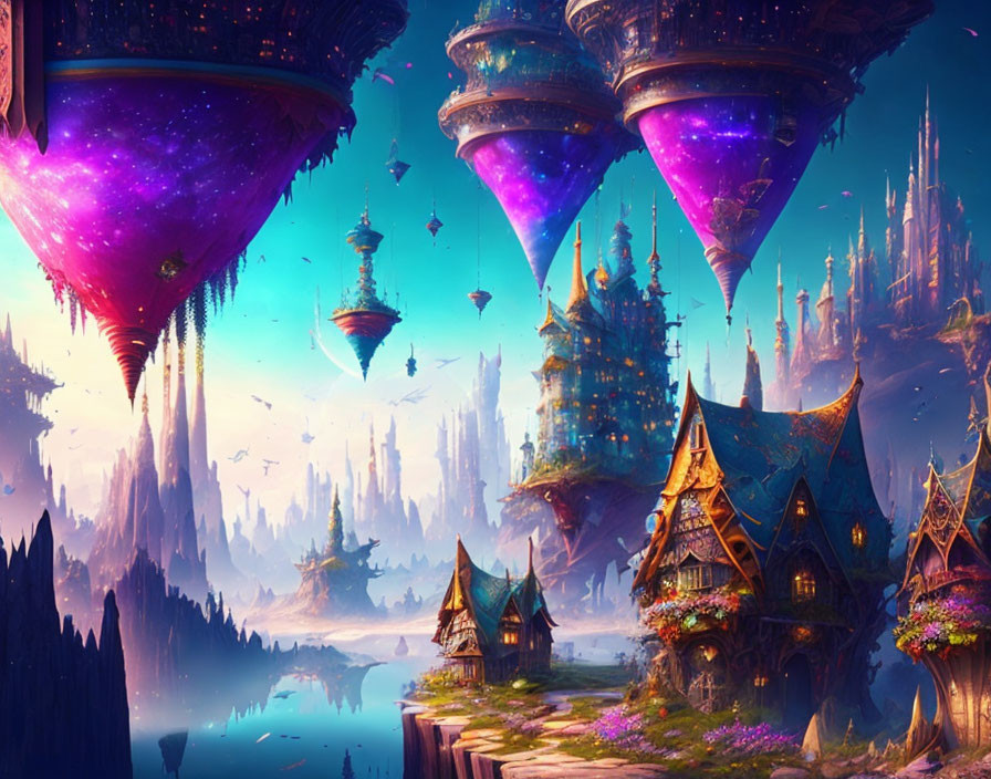 Vibrant fantasy landscape with floating islands and whimsical structures