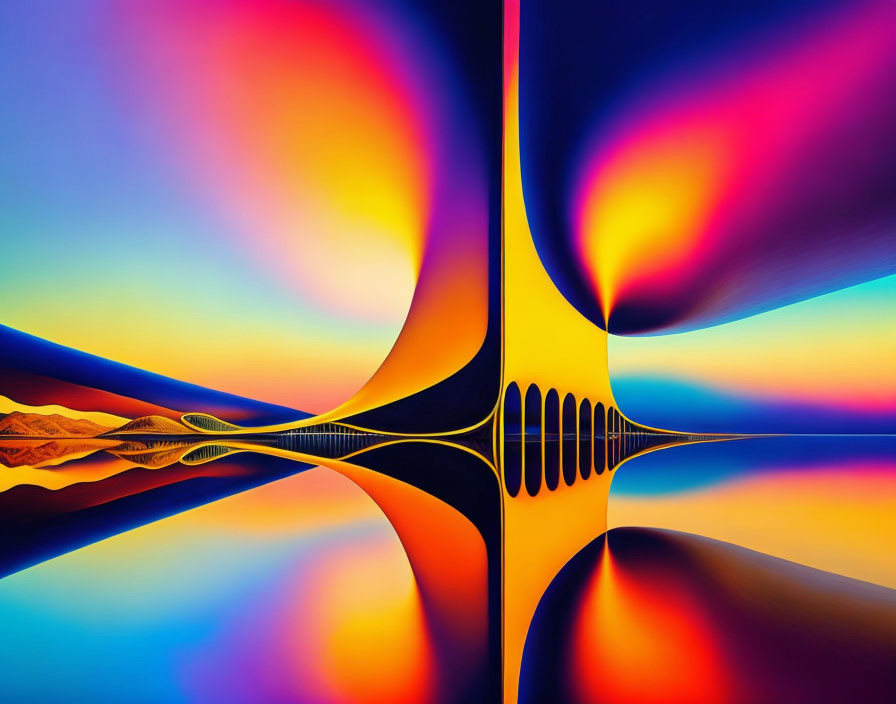 Colorful Abstract Art: Symmetrical Wavy Shapes in Blue, Orange, and Yellow