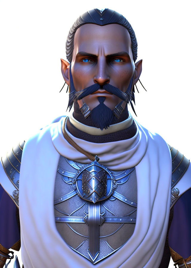 Fantasy male elf with stern expression in silver-blue armor