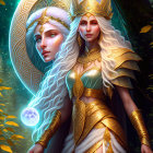 White-haired female fantasy character in golden armor with glowing halo in enchanted forest.