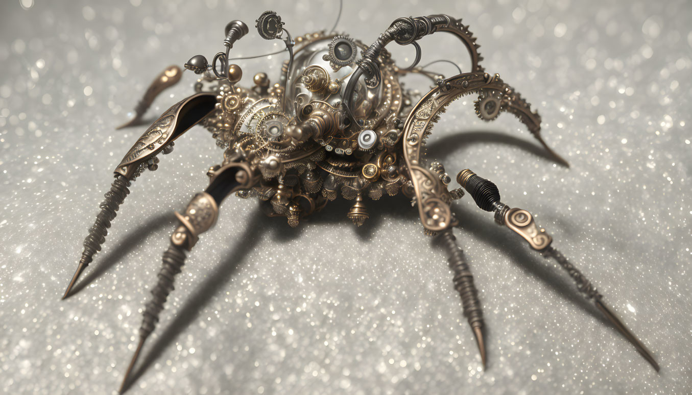 Detailed Mechanical Spider with Intricate Gears on Glittery Futuristic Surface