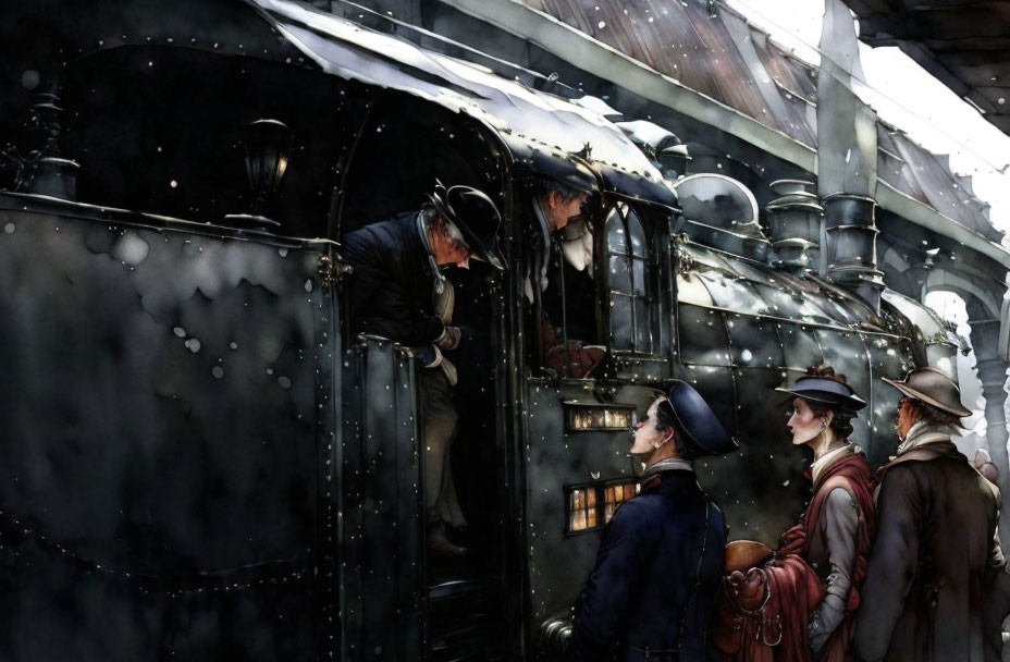 Vintage attire passengers interacting with conductor on classic steam locomotive in snowfall